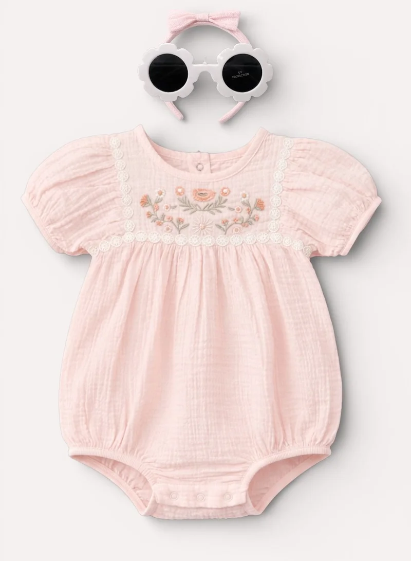 victor and jane Baby Girls’ Embroidered Bodysuit 3 Pc set with Matching hairband and Glasses– (Pink)
